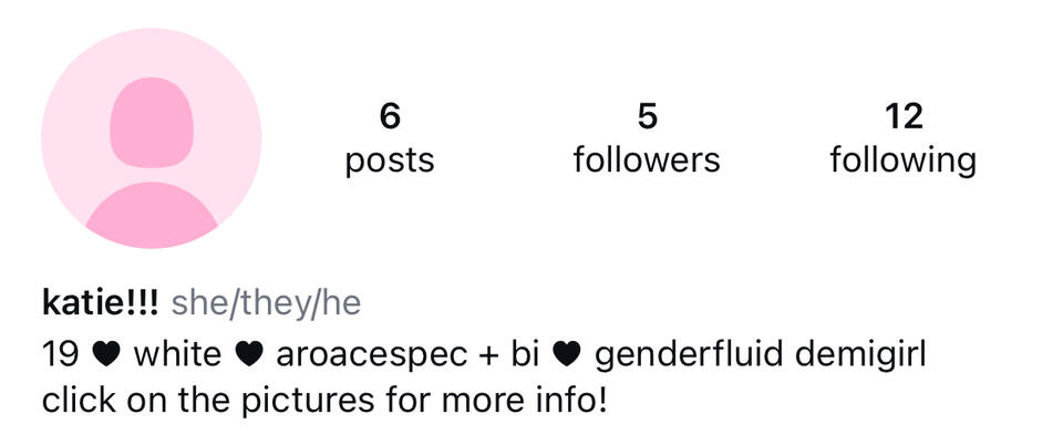 katie!!! she/they/he, 19, white, aroacespec and bi, genderfluid demigirl. click on the pictures for more info!